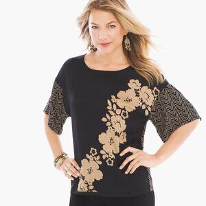 Chicos Lotus Blossom Shirt Top Blouse Size M/8 1 Black Brown Silky Floral Flowy